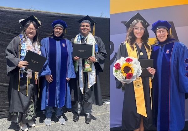 2026 Commencement group picture of Dr. Rounds and Hanna, Cesar, and Cristina