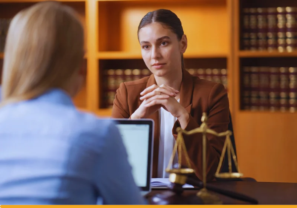 Paralegal sits across desk from co-worker. Shelves of lawbooks.