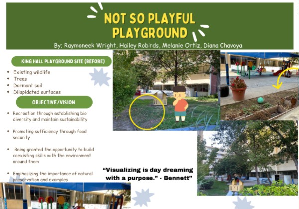 Poster proposing improvements to King Hall playground to establish biodiversity, sustainability, and recreational opportunities.