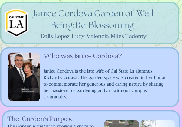 Poster proposing the revitalization of the Janice Cordova Garden to provide a peaceful and reflective space for the campus community.