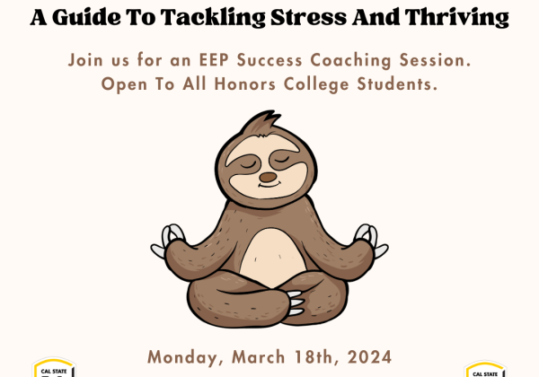 Flyer for stress busters event with an animated sloth meditating.