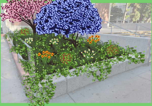 Illustration of a proposed campus garden featuring vibrant greenery, flowers, and trees with purple and pink blossoms, surrounded by a concrete border