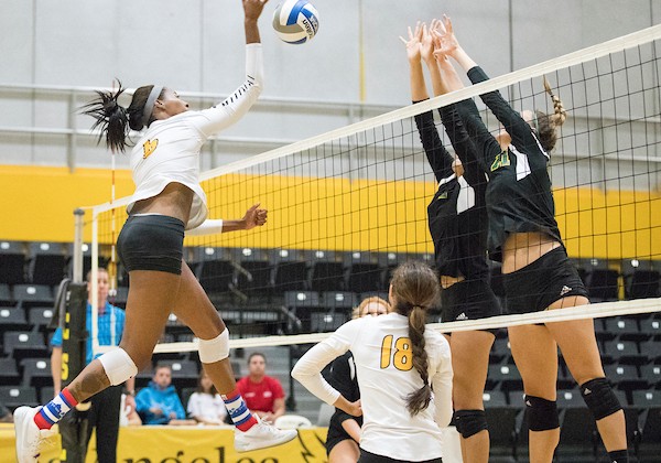 Women's volleyball team playing in a game.