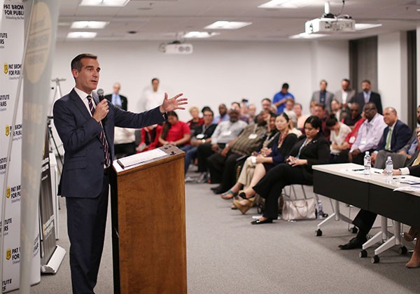 Mayor Garcetti speaking to room of people