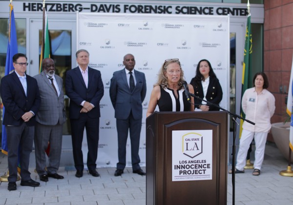 Paula Mitchell, director of the Los Angeles Innocence Project at Cal State LA, speaks during a news conference on Aug. 19