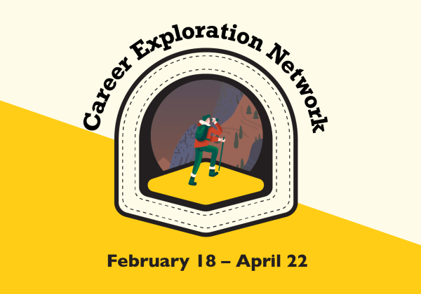 A hiker looking through binoculars at a tall mountain. Career Exploration Network, February 18 - April 22