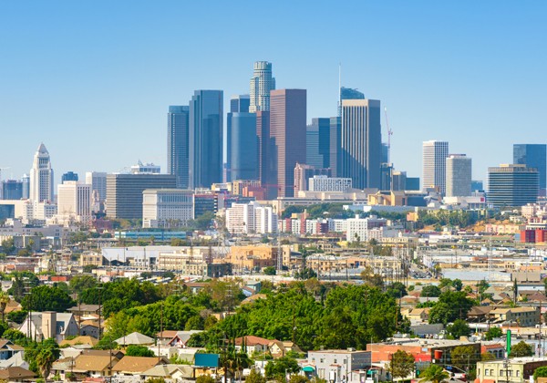 dtla with tall building and homes