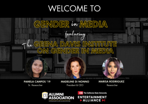 Black and yellow text over a black background that reads: Welcome to Gender in Media featuring the Geena Davis Institute