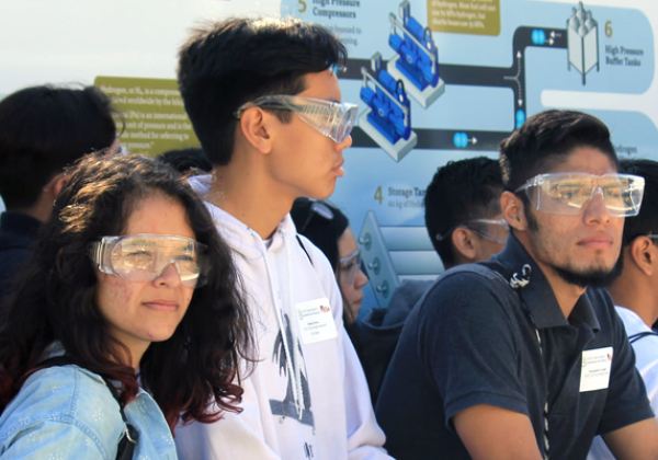 students wear safety goggles as they tour h2 station