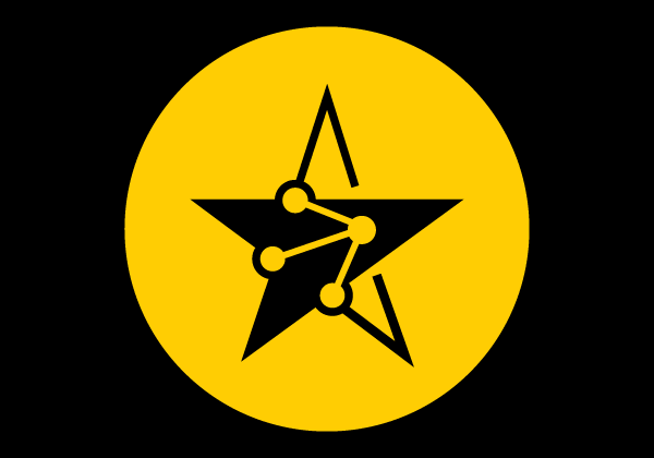 star and atom joined illustration in yellow circle black back