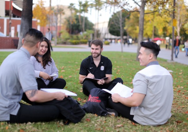 4 students sitting on the grass sharing notes