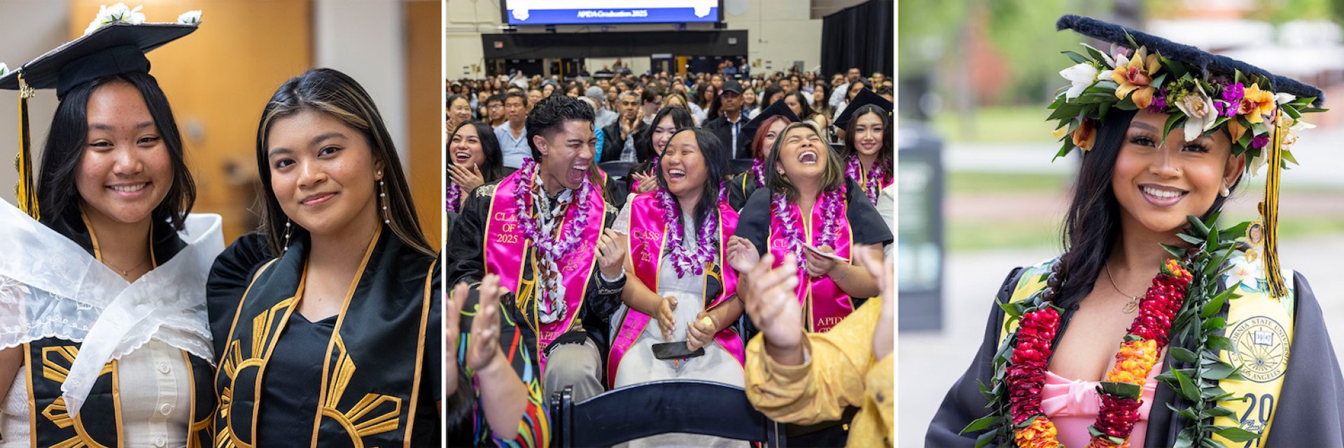 Three graduation scenes: two graduates posing, a group cheering during the ceremony, and a graduate in a floral crown smiling outdoors.