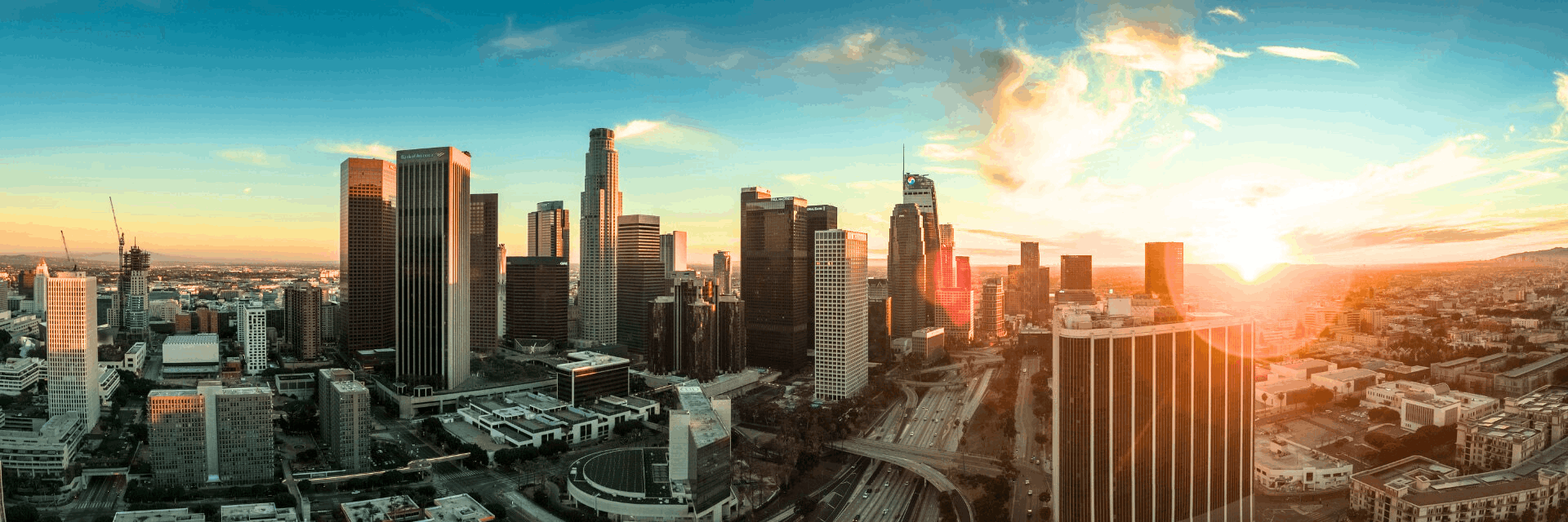 Sunrise over Downtown Los Angeles high rises.