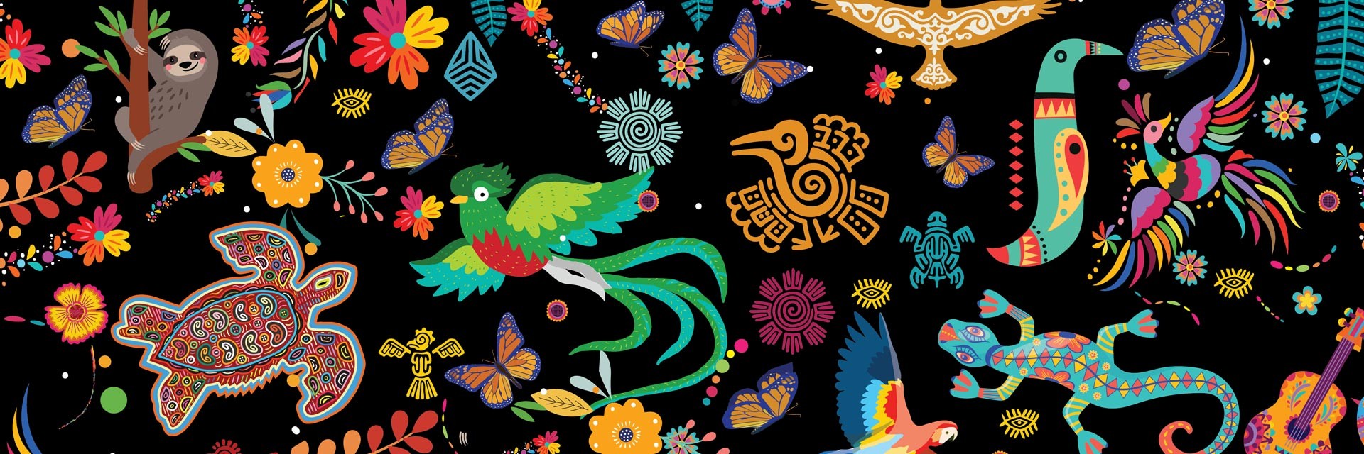 A mural of many birds on a black background.