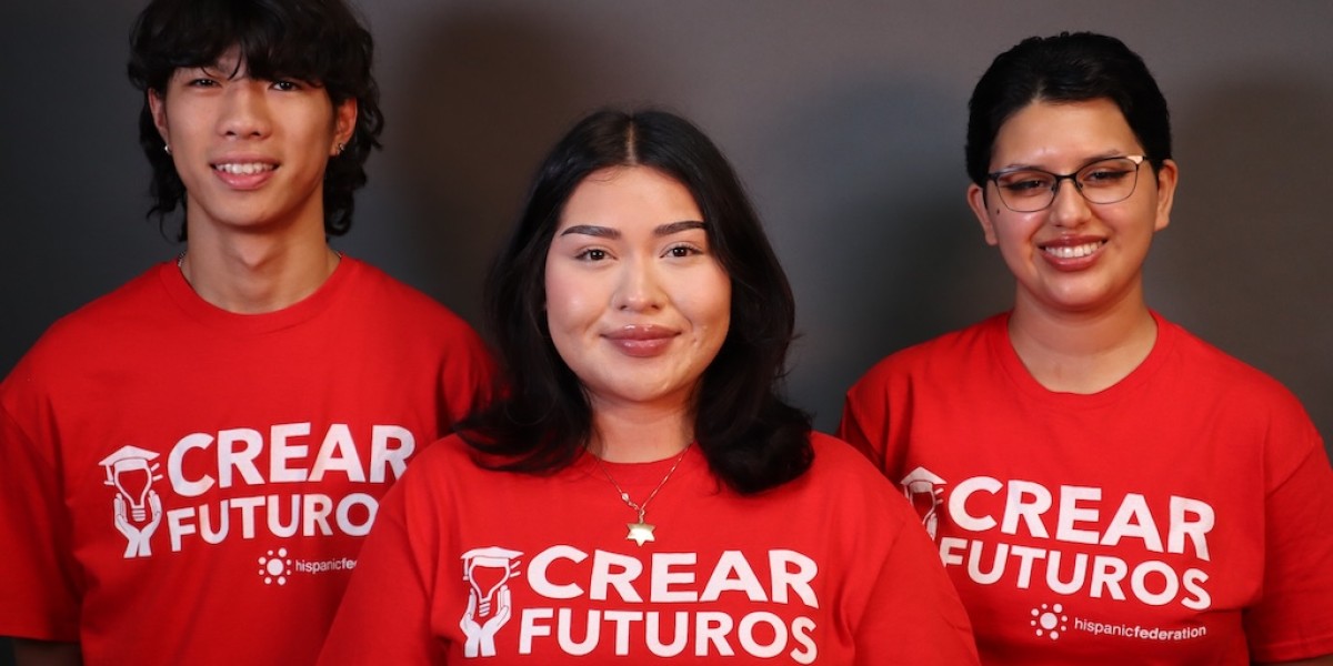 From left to right: Three CREAR Futuros mentors wearing red program T-shirts smile in front of a neutral background. Tzu Chen Hung, Noemi Alanis, and Sam Aguilar.
