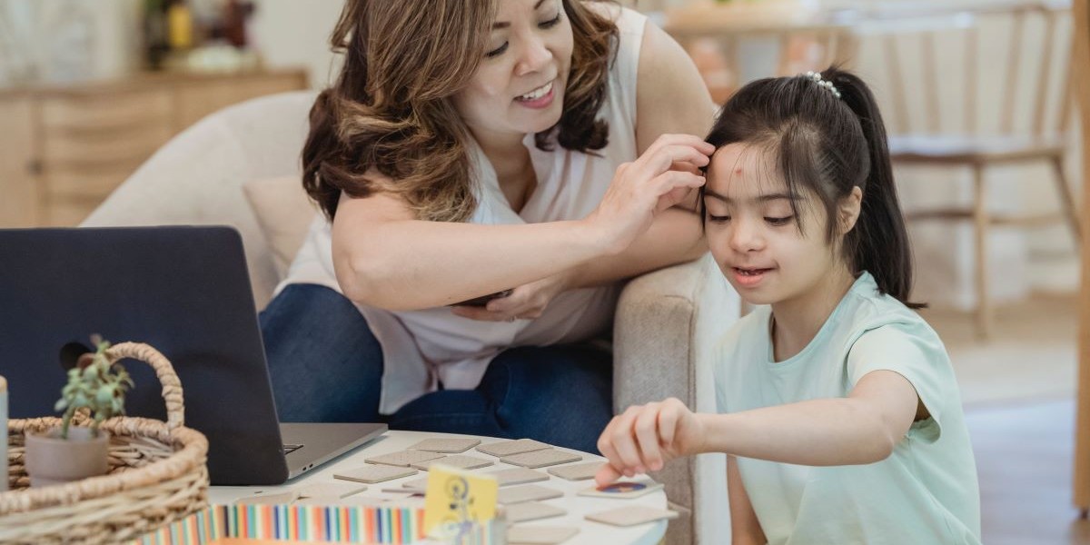 Mother help daughter with autism