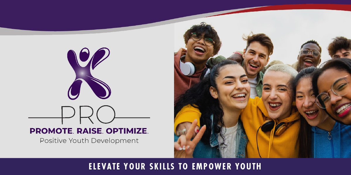 PRO logo. Youth taking a group selfie.