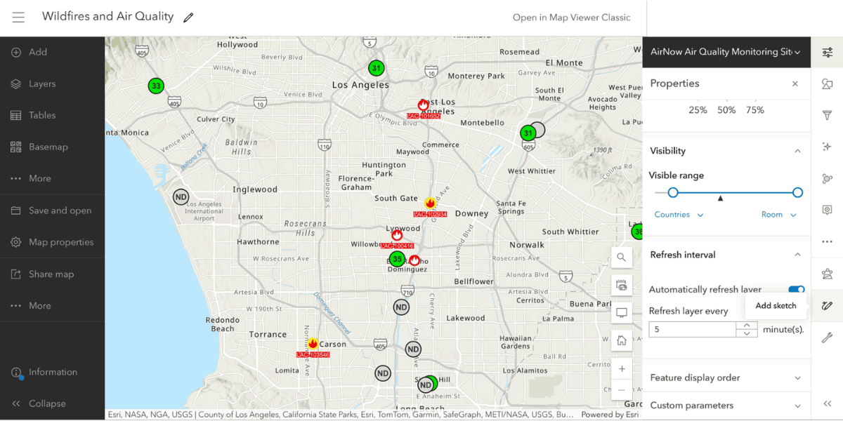 Web map showing live data for local wildfires and current air quality information, as part of the process of creating web maps for a later operations dashboard.