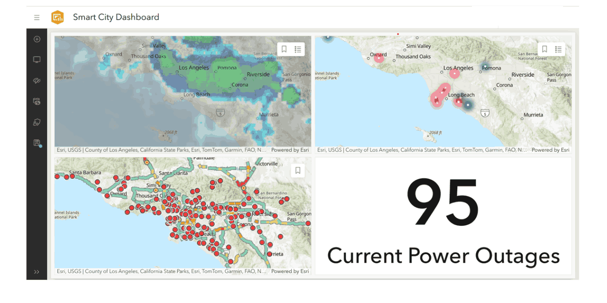 A simple completed operations dashboard example: power outages, traffic, and crashes during weather events. This is showing the rain event on Sun, 3/24/24 in real time.