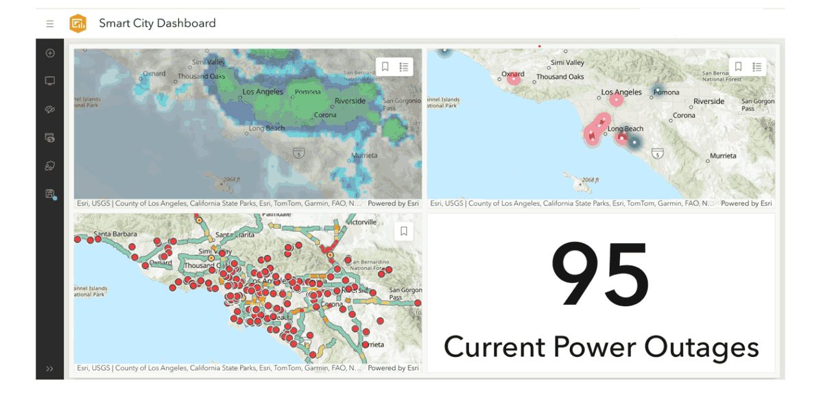 A simple completed operations dashboard example: power outages, traffic, and crashes during weather events.  This is showing the rain event on Sun, 3/24/24 in real time.