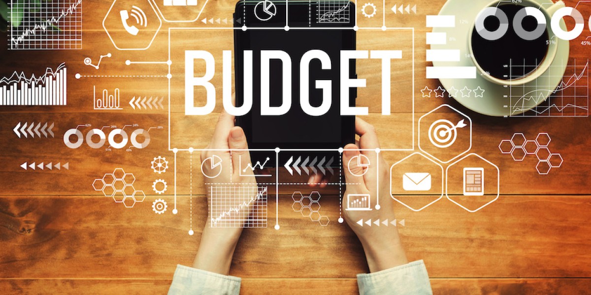 the word budget alongside charts and graphs over a person holding a device