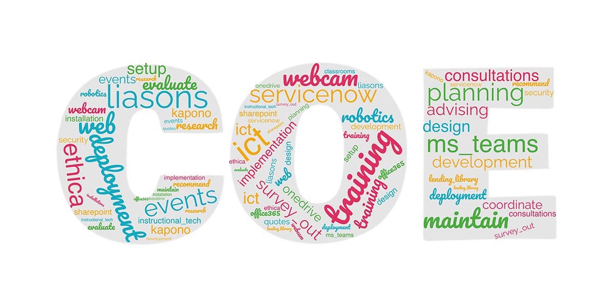 word cloud of services provided by the coe technical team.
