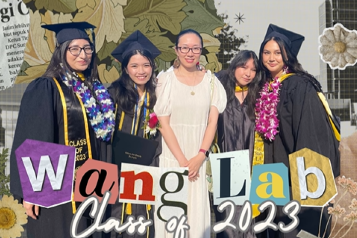 2023 Graduating Members of the Wang Lab Pictured With Dr. Wang
