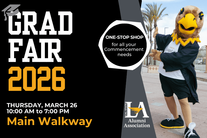 Promotional graphic for Grad Fair 2026 showing event details alongside a costumed university mascot wearing graduation attire in front of the Shrine.