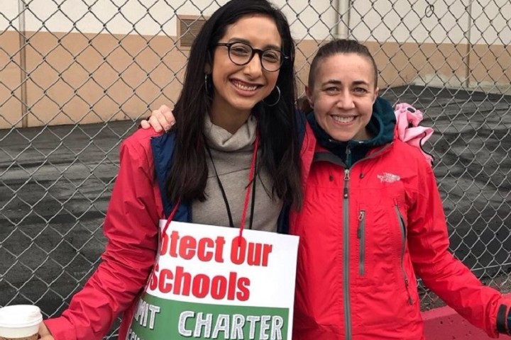 EDFN M.A. Student and LAUSD special educator Adalia Vidarte and Professor Allison Mattheis at Huntington Drive Elementary School during the LAUSD Teacher Strike, January 2019.