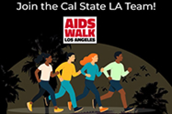 A group of four people jogging. Join the Cal State LA Team! AIDS Walk Los Angeles