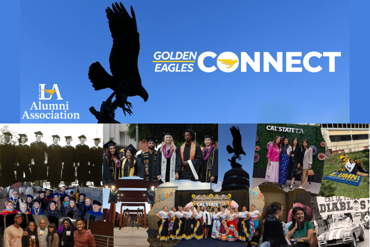 eagle statue surrounded by blue sky and collection of alumni and student photos