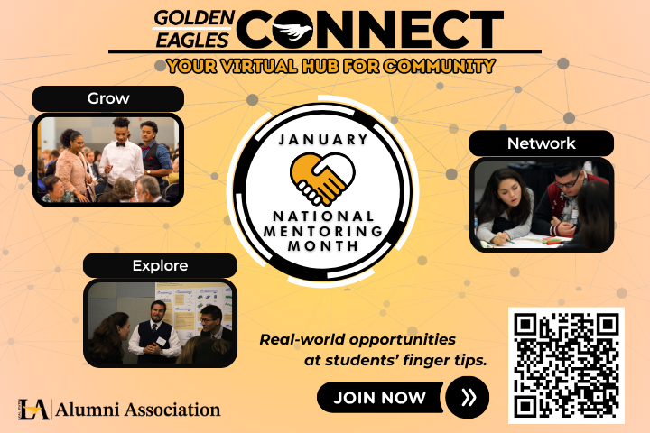 Alumni Mentoring Golden Eagle Connect graphic shows students and mentors 
