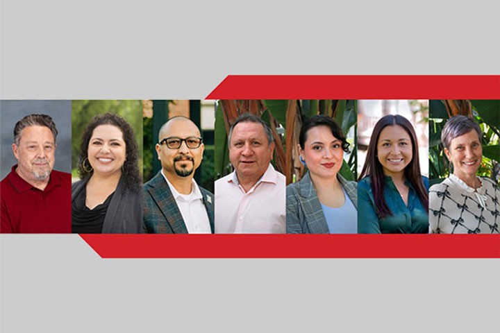 Banner featuring the seven winners of the Trustee Wenda Fong and Mr. Daniel Fetterly Staff Award.