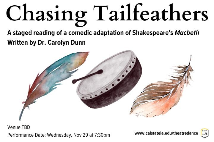 Horizontal flyer for "Chasing Tailfeathers" with watercolor images of two feathers and a powwow drum