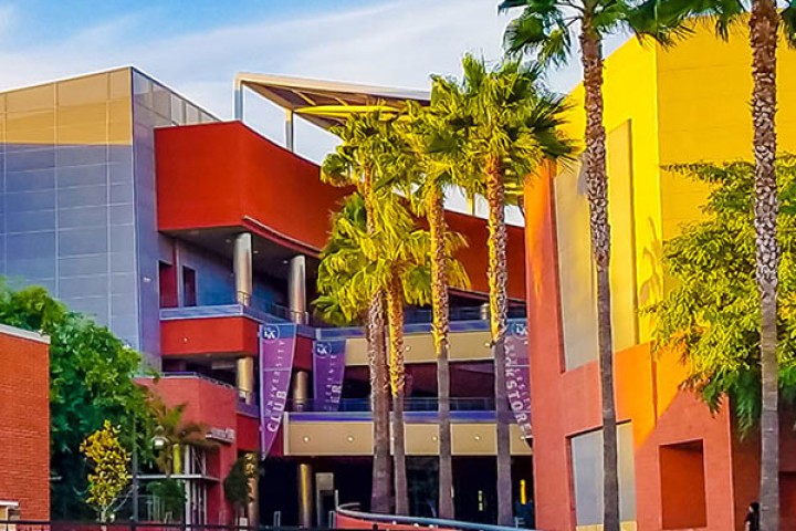 Brightly colored UAS buildings at Cal State LA