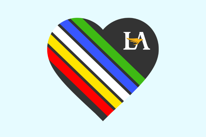 Disability pride flag in the shape of a heart with Cal State LA logo over a light blue background.