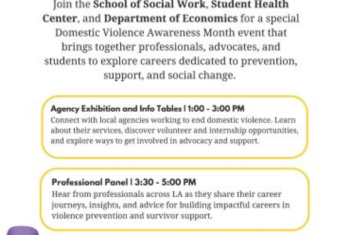 White flyer with written black text informing viewers of the domestic violence career panel and expo.