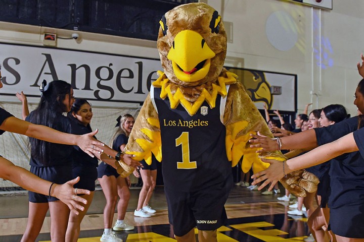 Eddie the Golden Eagle running in between two lines of drill team members slapping their hands.