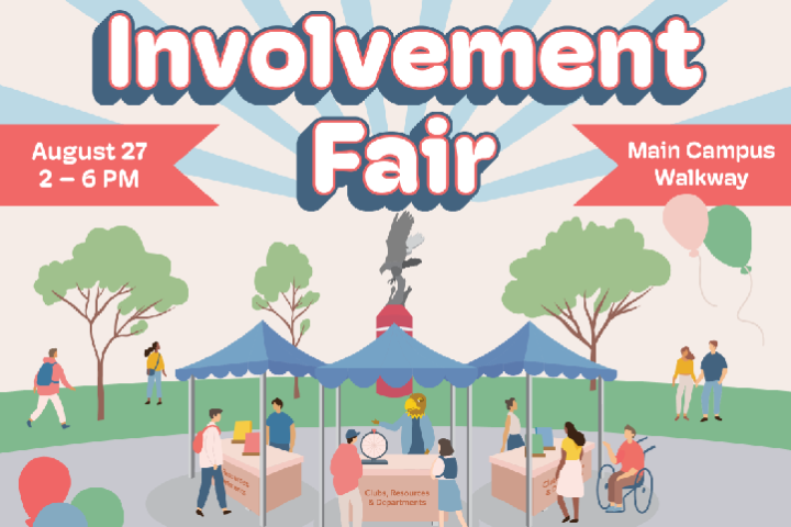 Involvement Fair, August 27, 2 – 6 p.m., Main Campus Walkway. People visiting booths and walking around a grassy area.
