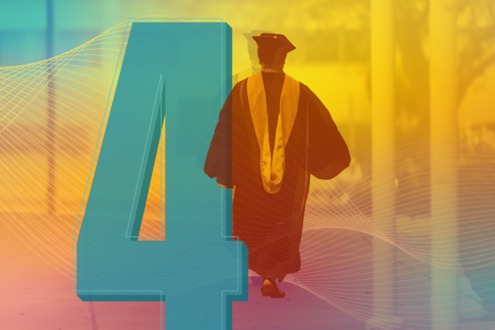 4 (students walking forward confidently in a graduation gown)