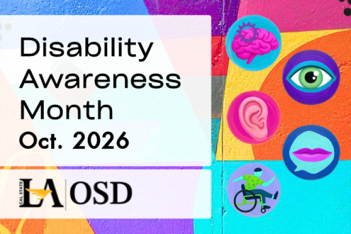 Text: Disability Awareness Month, followed by OSD logo and colorful icons representing a brain, eye, person in a wheelchair, ear, and mouth.