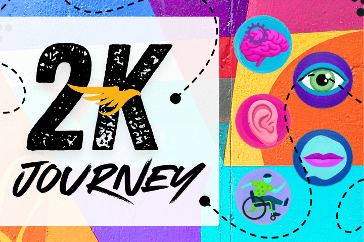 2K Journey with LA OSD logo and colorful icons representing a brain, eye, person in a wheelchair, ear, and mouth.