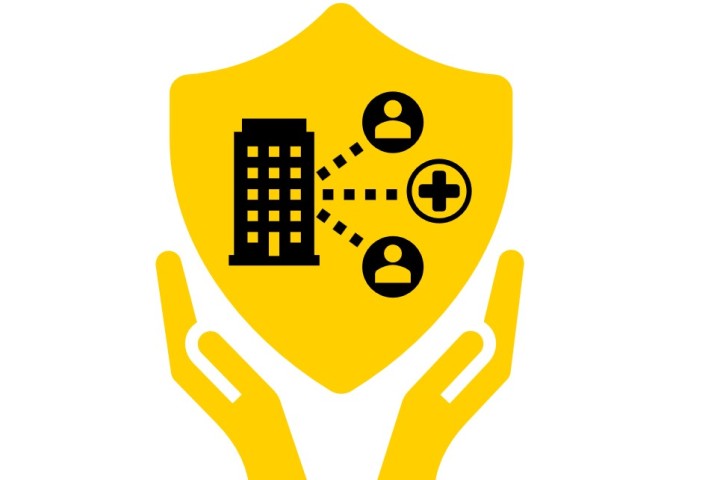OHS hands and shield with work building icon and employees and health cross symbol.