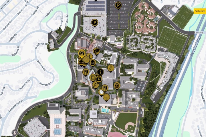 Cal State LA campus map showing Family Weekend event locations, activities, dining areas, information points, first aid, and designated parking areas.