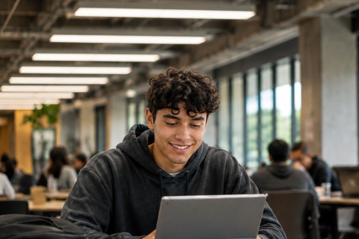 Student using a tablet in a bright campus study space.