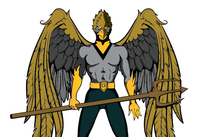 Winged superhero holding a pitchfork.