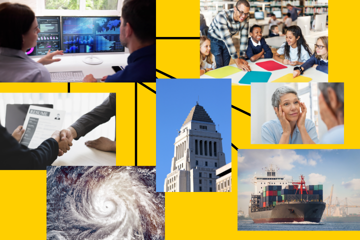 Two people looking at a data dashboard. Photos of city hall, a senior citizen, a weather system, cargo ship, a classroom, and two hands shaking over a desk represent who data analysis can help.