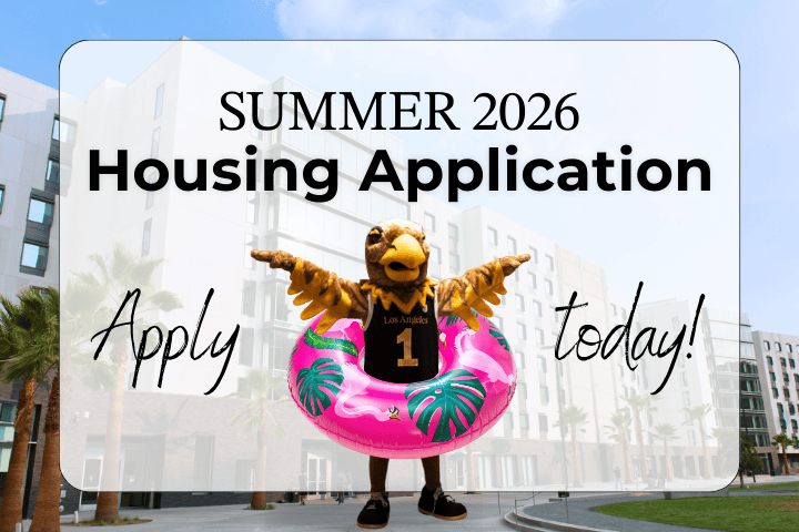 Summer 2026 Housing Application. Apply today! Eddie the Golden Eagle with an inflatable pool donut around its waist.