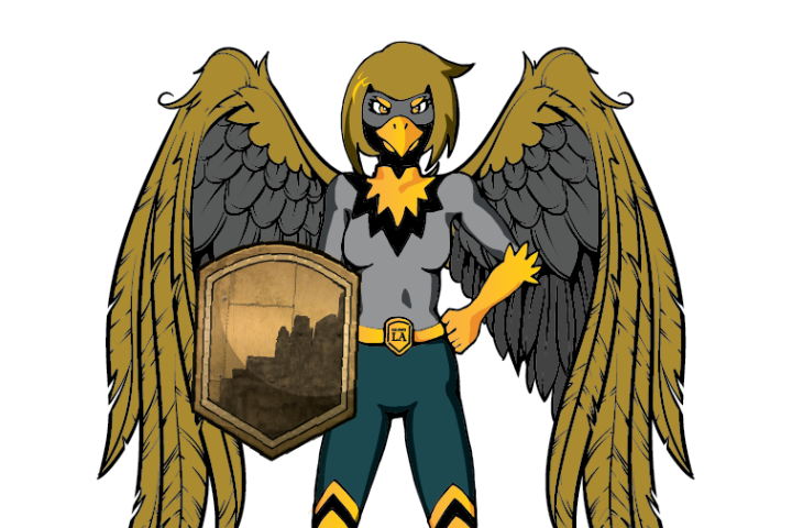 Winged superhero holding a shield.