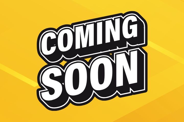 Graphic featuring the words “COMING SOON” in large, bold white letters with a black outline and shadow effect, displayed against a bright gold and yellow geometric background.